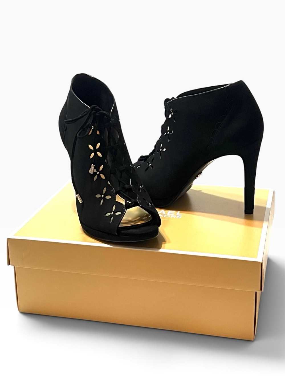 MICHAEL Michael Kors Black Suede Peep-Toe Lace-Up Heeled Booties Women’s 10M